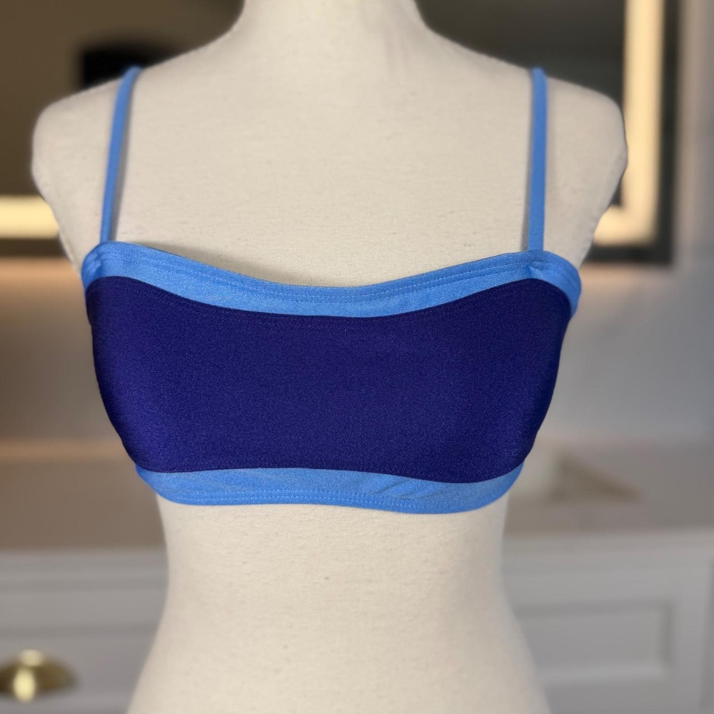 Bahomebakini Bikini Top Womens Small Blue Colorblock Bandeau Tie Back Swim NWT - Picture 3 of 14